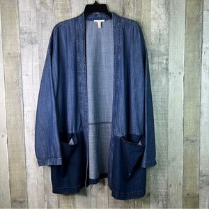 Flaw..Eileen Fisher XL Blue Chambray 2 Tone Open Front Overpiece w/Large Pockets